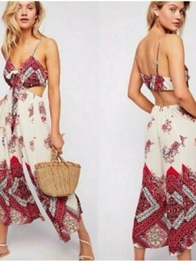 Free People Cream Maxi Dress with Red Floral Print